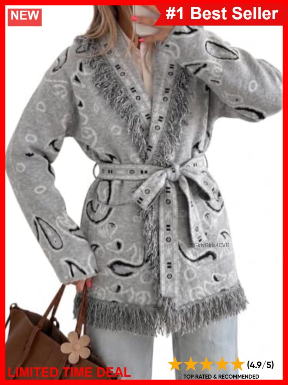 Boho Aztec Tribal Print Fringe Duster Cardigan with Belt Long Sleeve